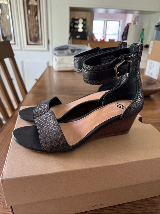 UGG Shoes - UGG Char Black Shimmer Leather Wedge Ankle Strap Sandals, Sz 7 - NWT & Box